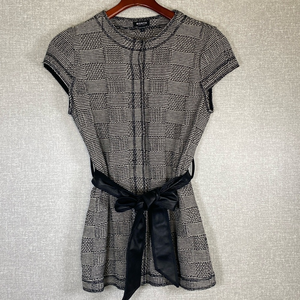 Worth New York Black and White Checkered Pattern Knit Long Leather Tie Snap Vest